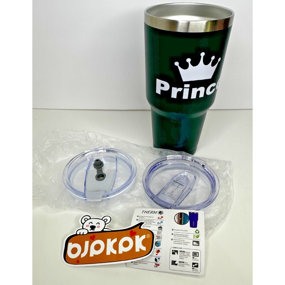 Prince Stainless Tumbler Dark Green Crown 2 Lids NEW BJPKPK 30 oz